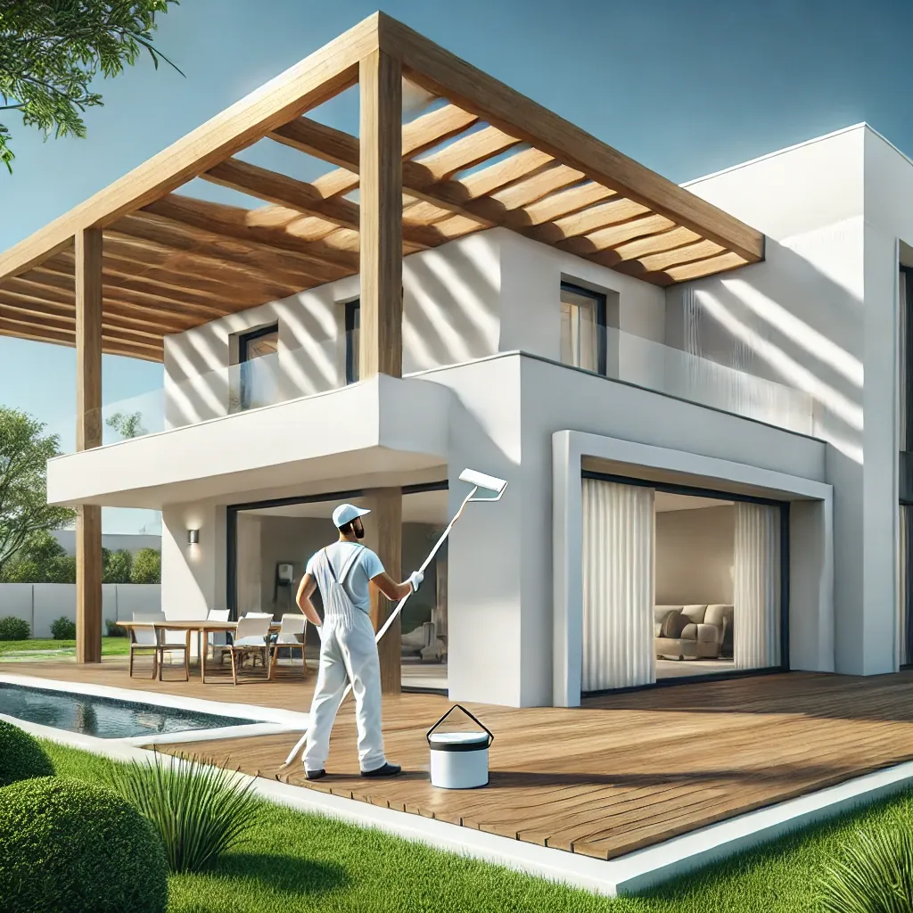 Pintor con rodillo de extensión pintando de blanco la fachada de una casa moderna de dos pisos con pérgola de madera