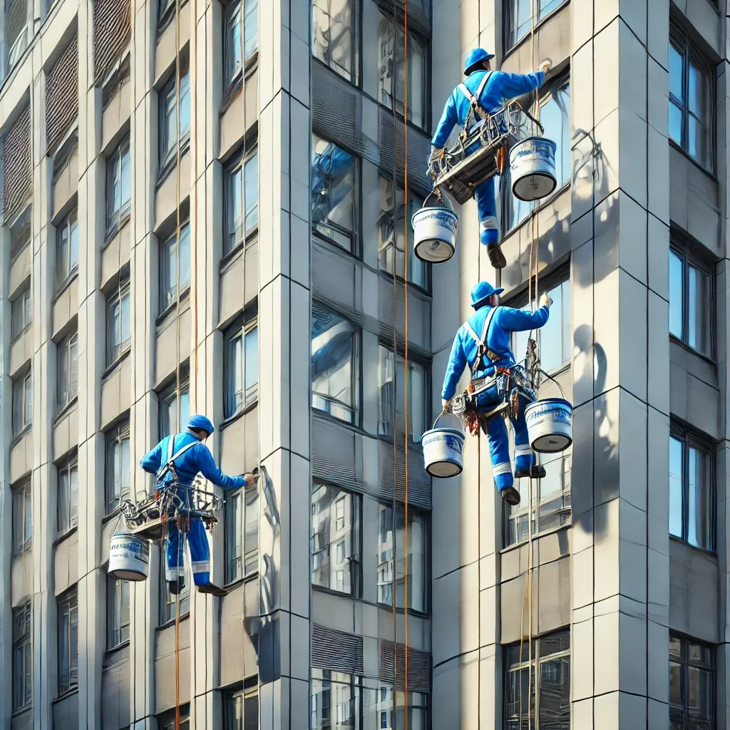 Pintores con arnés y silla colgante pintando la fachada de un edificio de varios pisos