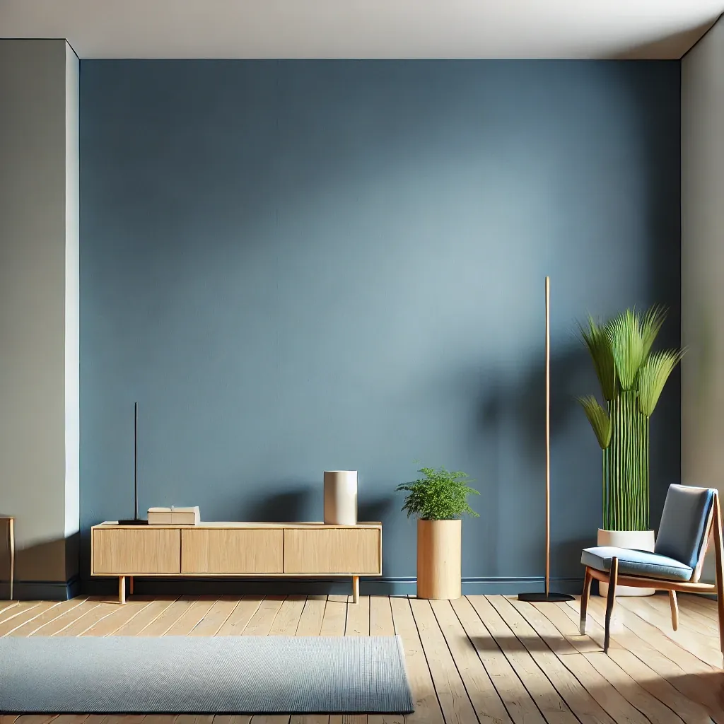 Pared interior pintada de azul, lisa y sin manchas de humedad, en una sala con mueble de madera y piso de parquet