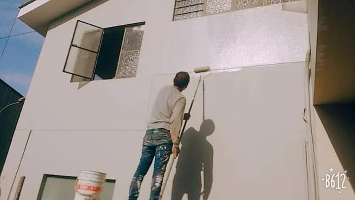 Pintor aplicando pintura con un rodillo de extensión sobre un muro