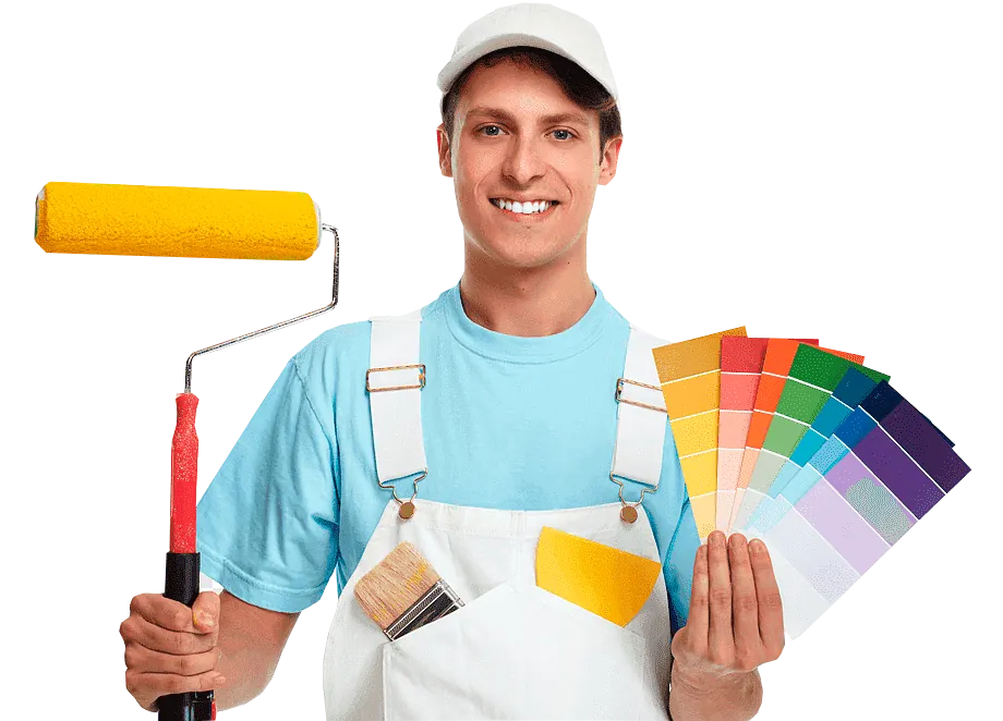 Pintor con rodillo y muestrario de colores